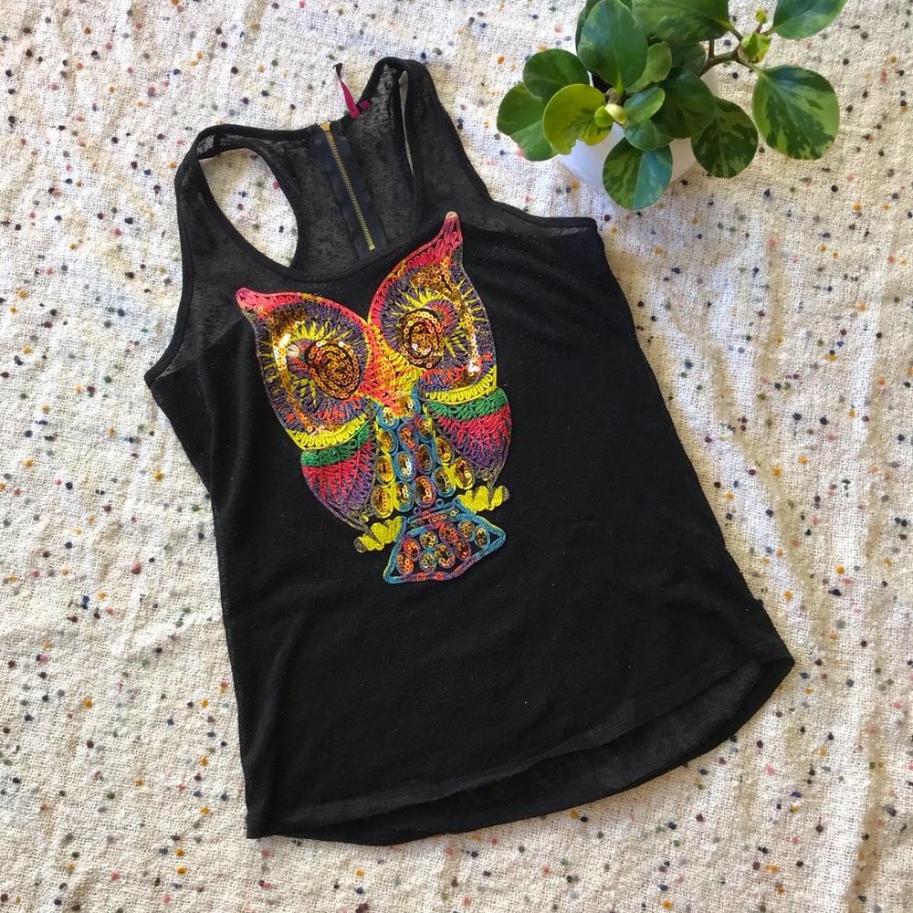 Sequinned owl tank top